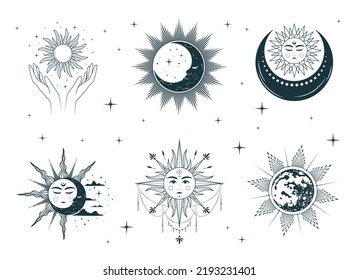 Celestial sun and moon collection. Isolated set of 6 esoteric objects. Hand drawn vector illustration in boho style for mystical design, tarot cards, tattoo and stickers.