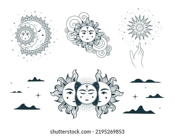 Celestial sun and moon collection. Isolated set of esoteric objects, stars, clouds. Hand drawn vector illustration in boho style for mystical design, tattoo, stickers.