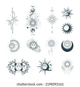 Celestial sun and moon collection. Isolated set of 12 esoteric objects. Hand drawn vector illustration in boho style for mystical design, tarot cards, tattoo and stickers.