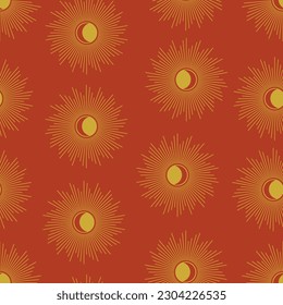 Celestial sun and moon eclipse aesthetic seamless pattern. Moon phases, sun rays.