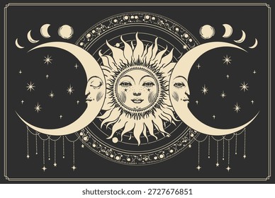 Himmelssonne und Mond mit Gesicht, Astrologie-Banner auf schwarzem Hintergrund, Tarotkarte, mystische Illustration im Vintage-Stil mit Sternenschmuck. Astronomie und esoterische Symbolik Konzept für Design und Druck. Vektordruck.