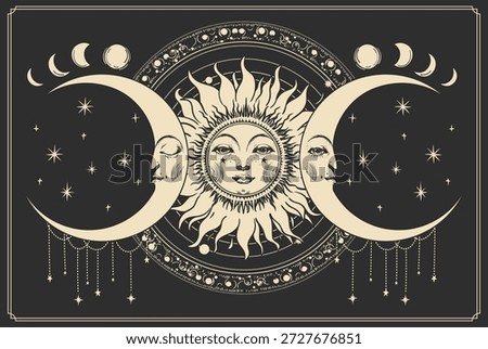 Celestial sun and moon with a face, astrology banner on a black background, tarot card, vintage style mystical illustration with star ornament. Astronomy and esoteric symbolism concept for design and print. Vector print.