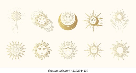 Celestial sun and moon golden collection. Isolated set of 10 esoteric objects. Hand drawn vector illustration in boho style for mystical design, tarot cards and stickers.