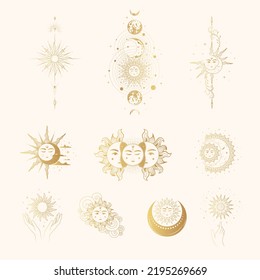 Celestial sun and moon golden collection. Isolated set of 10 esoteric objects. Hand drawn vector illustration in boho style for mystical design, tarot cards and stickers.