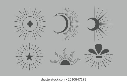 Coleção de Vetores de Arte de Linha Celestial do Sol e da Lua

