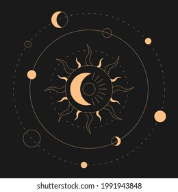 Celestial sun and moon. Magical banner for astrology, celestial alchemy. Device of the universe, crescent sun with the moon and planets on a black background. Esoteric vector illustration.