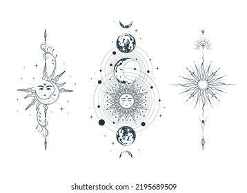 Celestial sun, moon and planets collection. Set of three mystical vector illustrations in boho style for esoteric design, tattoo, tarot cards, print, stickers and witchcraft isolated on white.