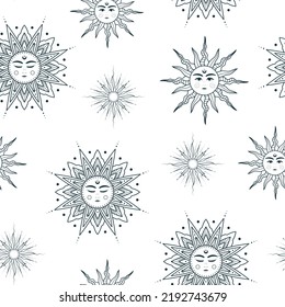 Celestial sun seamless pattern. Mystical vector illustration in boho style for background and wall decor. Trendy texture for print, wrapping and textile.