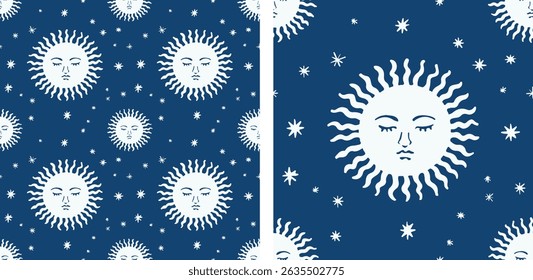 Celestial Sun and Stars Seamless Vector Pattern on Deep Blue Background