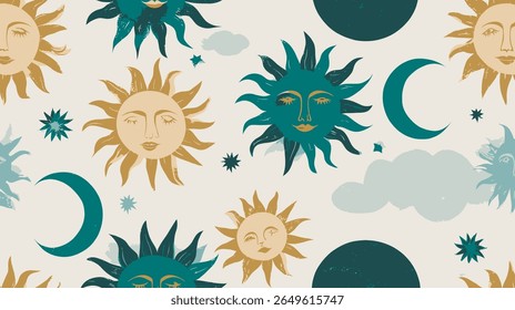 Celestial suns and moons adorn calming space sky background seamless pattern.