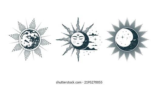 Celestial suns and moons collection. 3  mystical images isolated on white background, engraving style. Hand drawn vector illustration for esoteric design, astrology, zodiac, stickers, tattoo and tarot