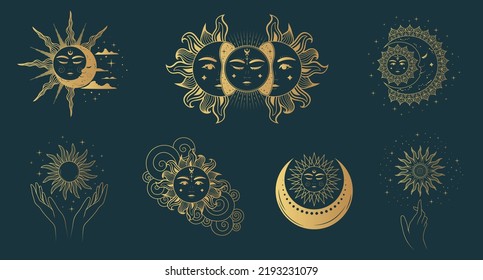 Celestial suns mystical collection. 7 golden images isolated on black background, engraving stylisation. Hand drawn vector illustration for esoteric design, astrology, zodiac, stickers and tarot.