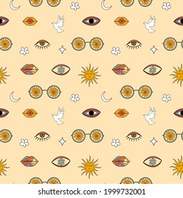 Celestial surreal concept of 70s retro pattern background. Hand drawn illustrated elements like sun, moon, eyes, dove, lips vector artwork.