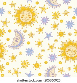 Celestial symbols arranged in a seamless vector pattern. Cartoon style sun, moon, stars on light background. Positive astrology symbols.