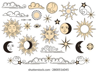 Celestial symbols. Mystical ornaments, sun, moon, stars, vintage boho astrology elements for tarot, elegant graphic elements for spiritual branding splendid vector hand drawn isolated minimal line set