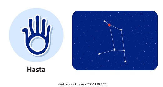 Celestial Symbols and Names. Bohemian Sky with Constellation of Stars. Lunar Mansions. Future Predictions.  Jyotisha, Vedic or Hindu Astrology. Hasta Nakshatra