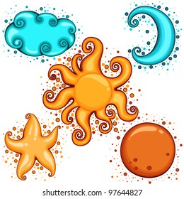 Celestial symbols: Sun, cloud, moon, star, mars