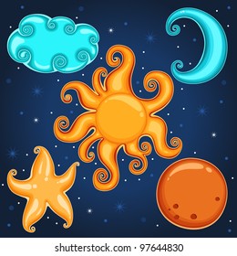 Celestial symbols: Sun, cloud, moon, star, mars