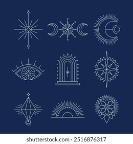 Símbolos celestes, Linha fina ilustração espiritual. Conjunto de emblemas ocultos mágicos, ilustração vetorial