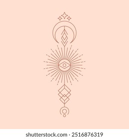 Símbolos celestes, Linha fina ilustração espiritual. Emblemas ocultos mágicos, ilustração vetorial