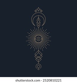 Símbolos celestes, Linha fina ilustração espiritual. Emblemas ocultos mágicos, ilustração vetorial