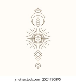 Símbolos celestes, Linha fina ilustração espiritual. Emblemas ocultos mágicos, ilustração vetorial