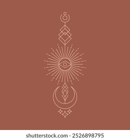 Símbolos celestes, Linha fina ilustração espiritual. Emblemas ocultos mágicos, ilustração vetorial