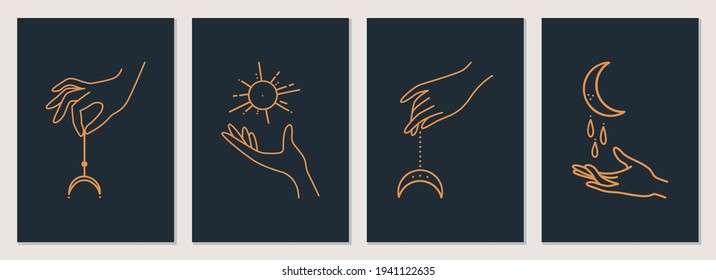 Celestial talisman with woman hands, sun, moon, stars sacred geometry isolated. Vector abstract logo design template in trendy linear minimal style.For cosmetics and packaging, jewellery, hand crafted