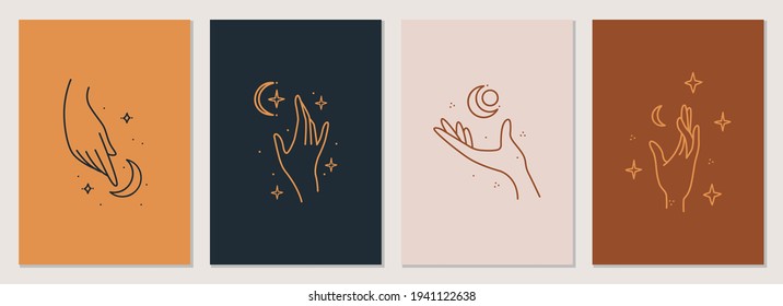 Celestial talisman with woman hands, sun, moon, stars sacred geometry isolated. Vector abstract logo design template in trendy linear minimal style.For cosmetics and packaging, jewellery, hand crafted