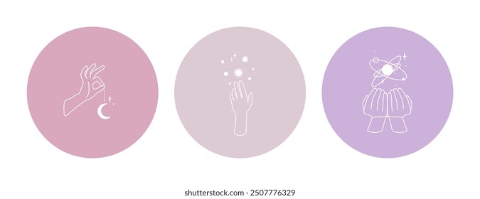 Celestial talisman with woman hands, sun, moon, stars. Vector abstract logo design template in trendy linear minimal style. For cosmetics, jewellery, hand crafted, tattoo, astrology. Pastel vector