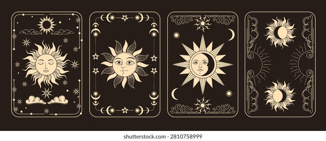 Celestial tarot cards. Mystical sun, moon, stars, astrology divination templates, vintage spiritual magical cover design, ornamental frames, vintage art style splendid vector flat style isolated set