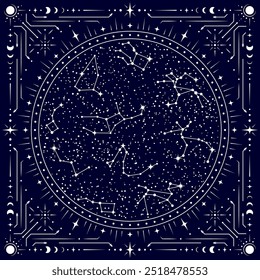 Marco de tarot celestial con constelaciones de estrellas mapa contra un cielo nocturno oscuro con estrellas, enmarcado con patrones de lunas, estrellas y símbolos cósmicos, evocando los misterios del universo y la astrología