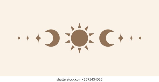 Celestial text divider with sun, stars, moon phases, crescents. Ornate boho mystic separator decorative element