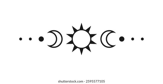 Celestial text divider with sun, stars, moon phases, crescents. Ornate boho mystic separator decorative element
