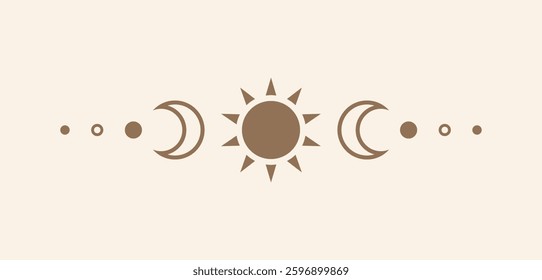 Celestial text divider with sun, stars, moon phases, crescents. Ornate boho mystic separator decorative element