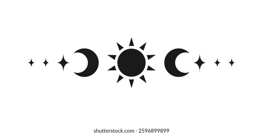 Celestial text divider with sun, stars, moon phases, crescents. Ornate boho mystic separator decorative element