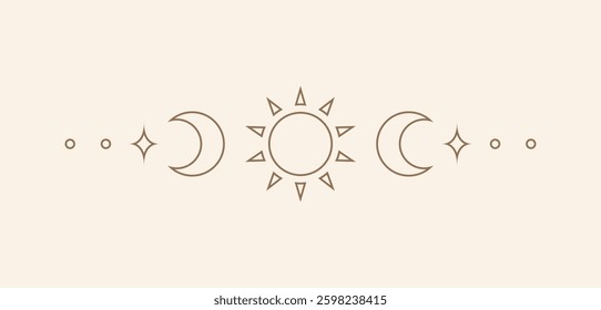 Celestial text divider with sun, stars, moon phases, crescents. Ornate boho mystic separator decorative element