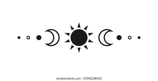 Celestial text divider with sun, stars, moon phases, crescents. Ornate boho mystic separator decorative element