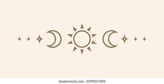 Celestial text divider with sun, stars, moon phases, crescents. Ornate boho mystic separator decorative element
