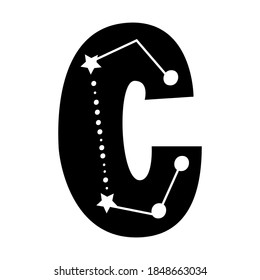 Celestial themed letter C. Constellation concept hand drawn letter. Vector illustration.
