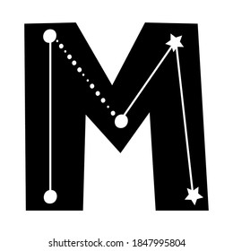 Letra celeste temática M. Constellation concepto carta dibujada a mano. Ilustración vectorial.