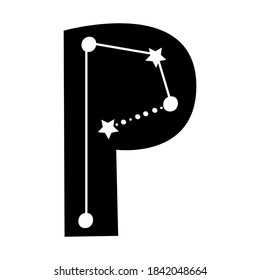 Celestial themed letter P. Constellation concept hand drawn letter. Vector illustration.