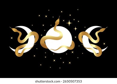 Celestial Triple Goddess and mystical sacred snakes border frame, wicca banner sign. Triple moon pagan Wiccan symbol, boho style, gold luxury vector isolated on black background 