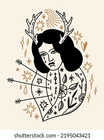 Celestial unique sacred deer girl with horns hand drawn portrait. Artemis goddess fantasy concept. Gothic dark boho tattoo tribal shamanic illustration, isolated face woman head drawing in vintage