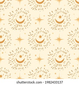 Celestial universe moon star seamless golden pattern decor decoration shine science space cartoon fabric background.