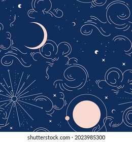 Celestial universe moon sun stars constellation surface pattern . vintage lunar calendar 