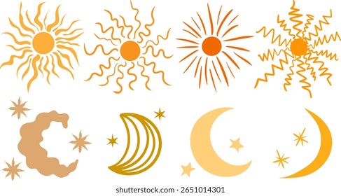 elementos vetoriais celestes definidos com luas de sóis desenhadas à mão abstrata e estrelas para web design e arte mística arte boêmia astrologia clip art