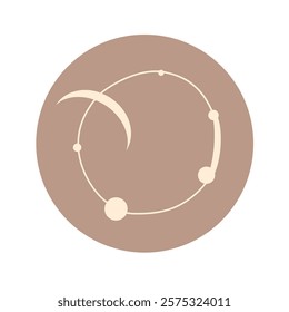 Celestial vector featuring planets, a moon, crescent moon, and orbits, in soft pinkish brown and golden yellow, perfect for dreamy and elegant cosmic designs