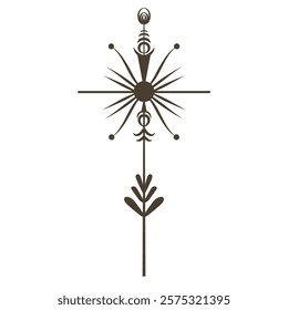 Celestial vector featuring a starburst, sun, orbit shapes, and botanical elements in deep taupe, fit for tattoo designs, wall art, decorative prints, patterns, fabric design
