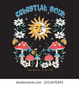 CELESTIAL VECTOR GRAPHIC WITH MUSHROOM AND FLOWERS. T-SHIRT PRINT. CELESTIAL SOUL SLOGAN.